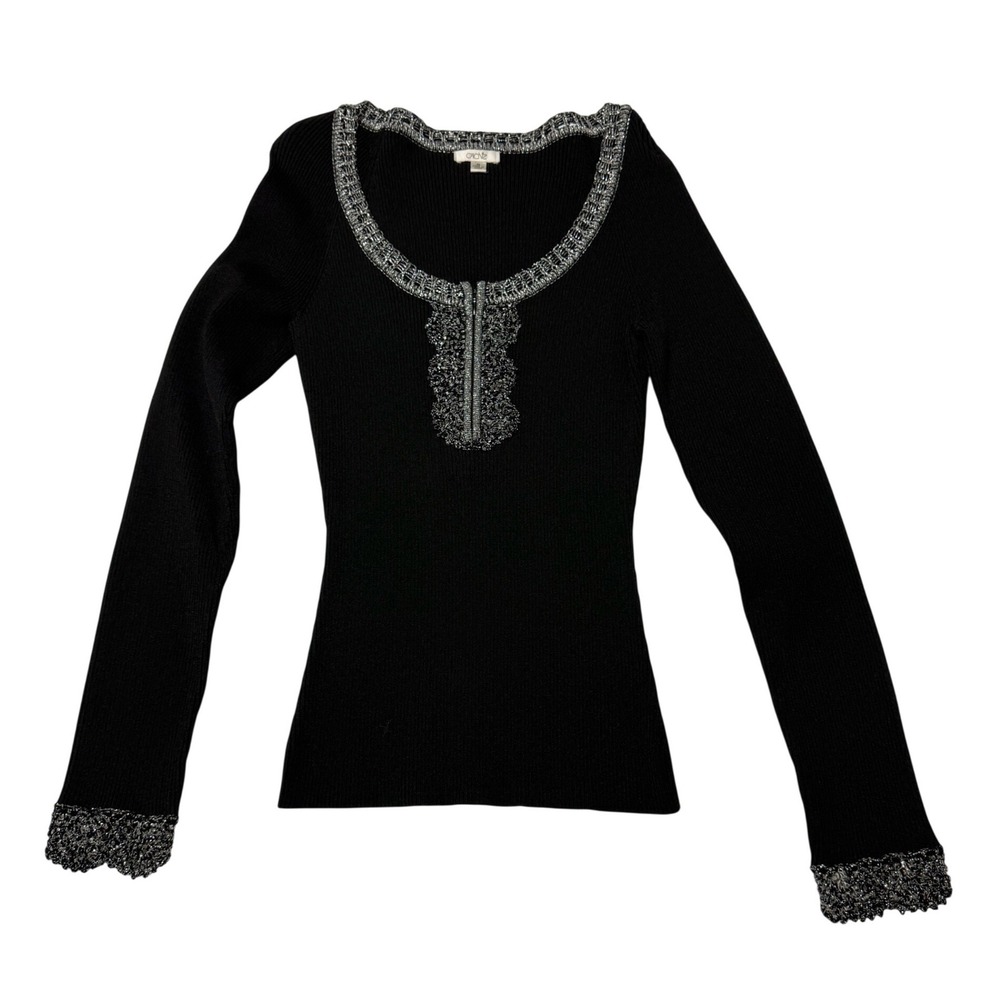 Vintage Cache Black Ribbed Knit Sweater Silver Metallic Trim Zip Front Size M